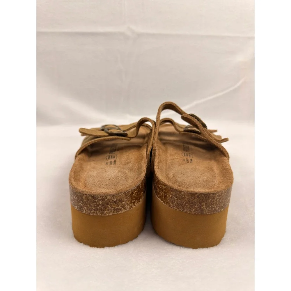 Project Cloud Tan Suede Platform Slide Sandals Triple Buckle Memory Foam US 7